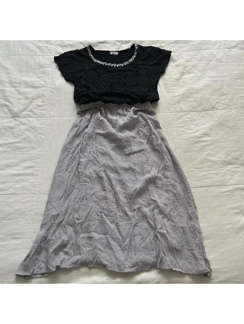 Axes Femme Black Lace Pearl Rhinestone Neckline Lavender Dress Top Medium